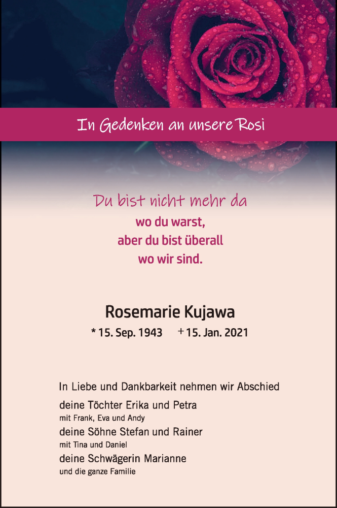  Traueranzeige für Rosemarie Kujawa vom 05.02.2021 aus MGO