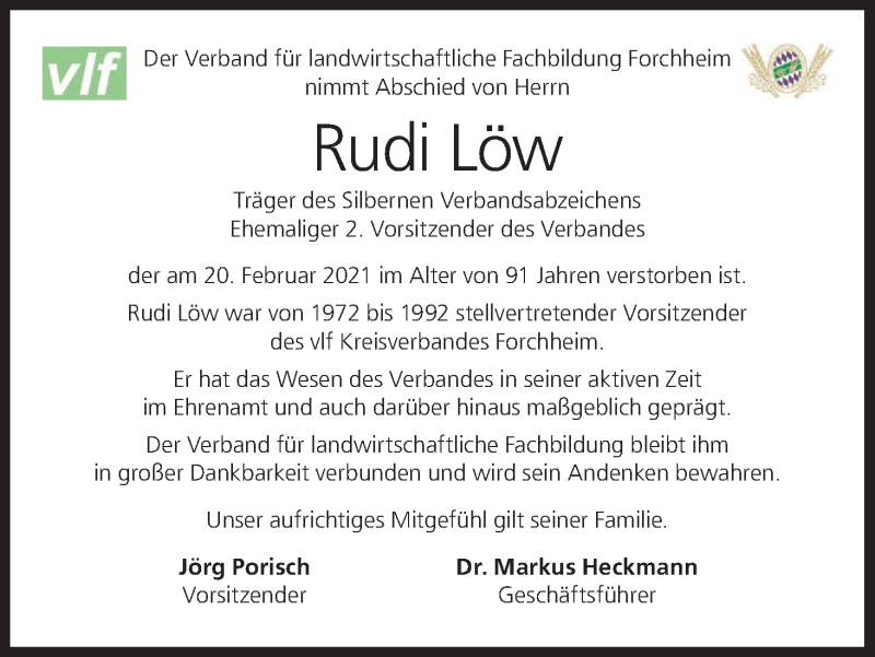  Traueranzeige für Rudi Löw vom 27.02.2021 aus MGO