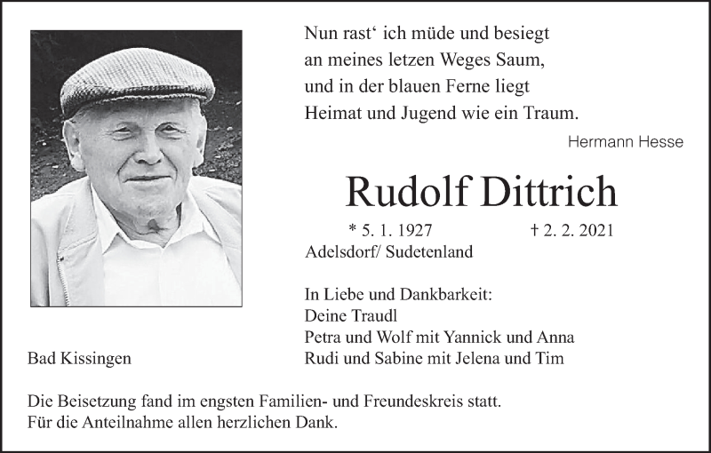  Traueranzeige für Rudolf Dittrich vom 13.02.2021 aus MGO