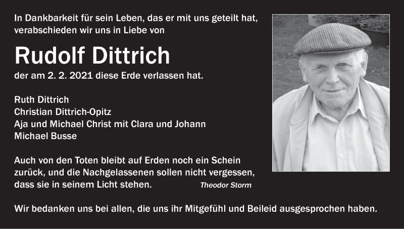  Traueranzeige für Rudolf Dittrich vom 13.02.2021 aus MGO