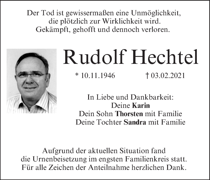  Traueranzeige für Rudolf Hechtel vom 13.02.2021 aus MGO