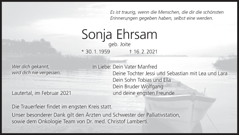  Traueranzeige für Sonja Ehrsam vom 20.02.2021 aus MGO