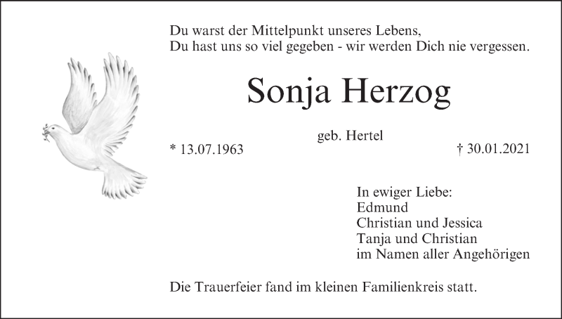  Traueranzeige für Sonja Herzog vom 20.02.2021 aus MGO