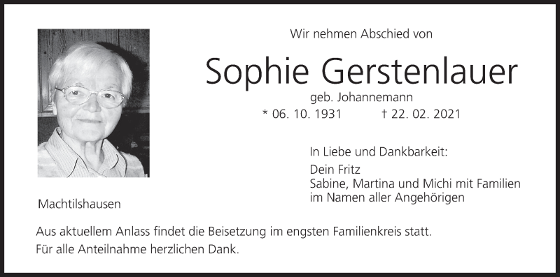  Traueranzeige für Sophie Gerstenlauer vom 27.02.2021 aus MGO