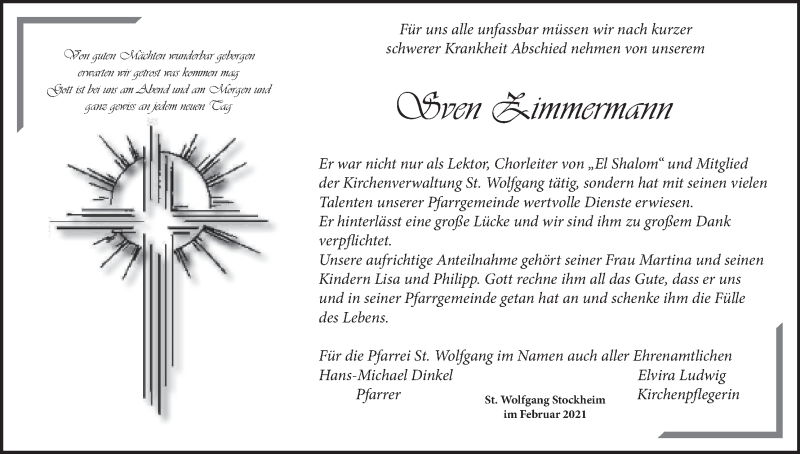  Traueranzeige für Sven Zimmermann vom 12.02.2021 aus MGO