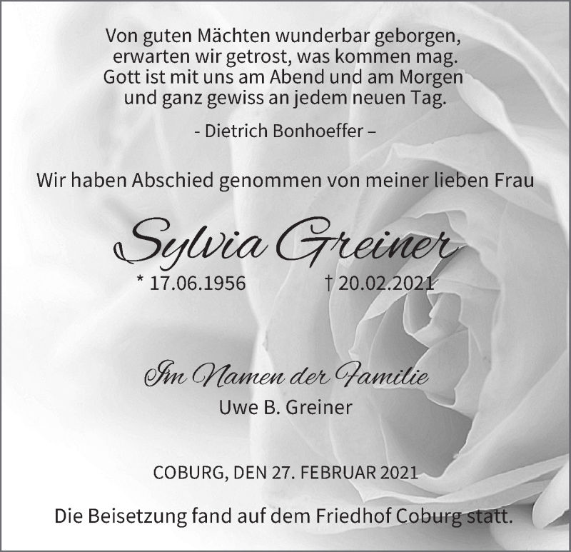  Traueranzeige für Sylvia Greiner vom 27.02.2021 aus MGO