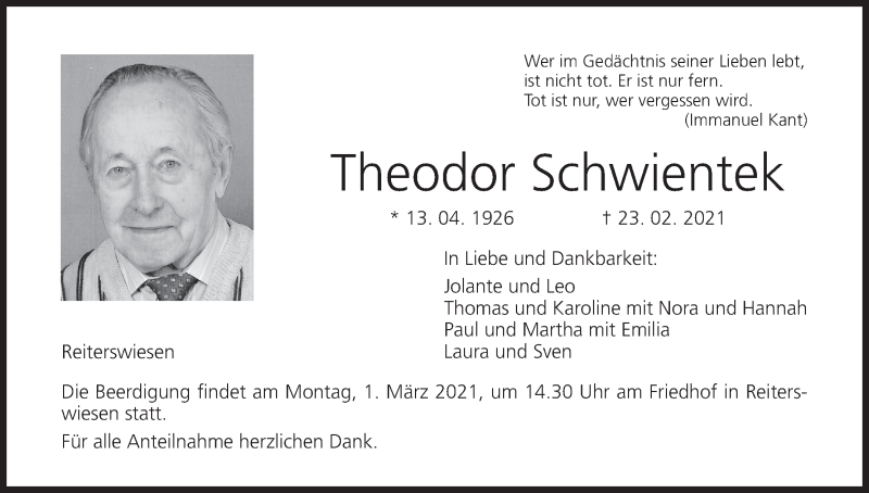  Traueranzeige für Theodor Schwientek vom 27.02.2021 aus MGO