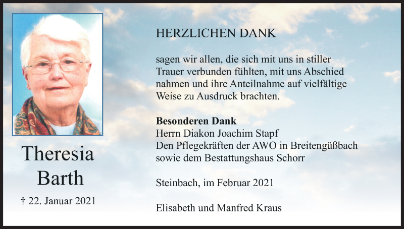  Traueranzeige für Theresia Barth vom 06.02.2021 aus MGO
