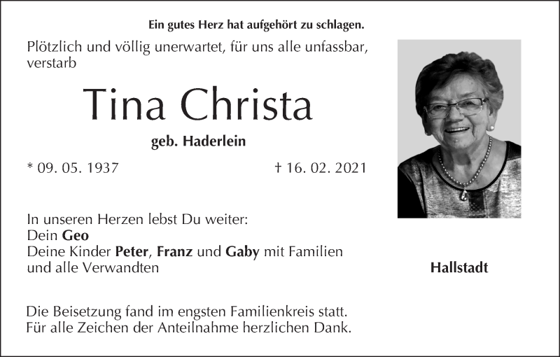  Traueranzeige für Tina Christa vom 27.02.2021 aus MGO