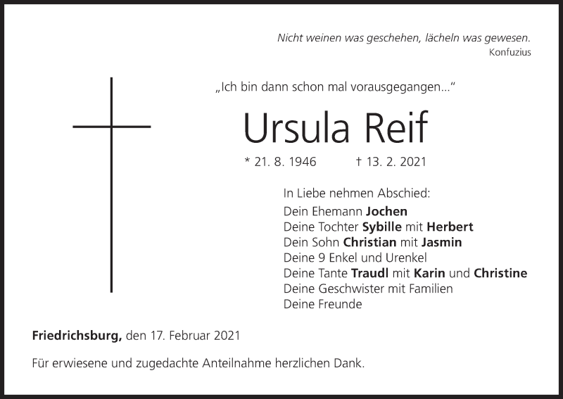  Traueranzeige für Ursula Reif vom 17.02.2021 aus MGO