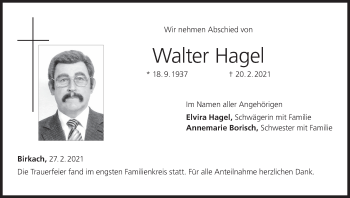 Anzeige von Walter Hagel von MGO