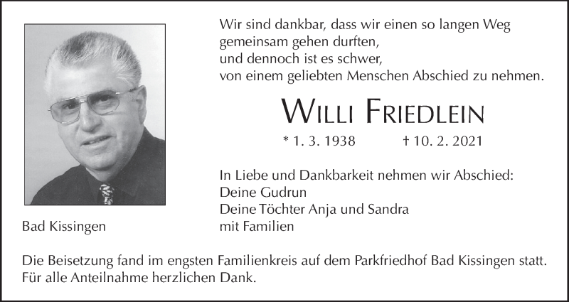  Traueranzeige für Willi Friedlein vom 20.02.2021 aus MGO