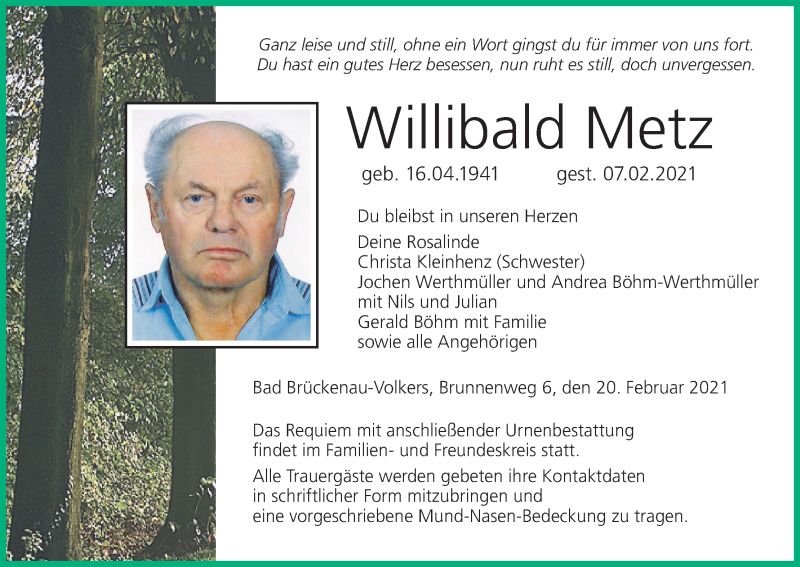  Traueranzeige für Willibald Metz vom 20.02.2021 aus MGO