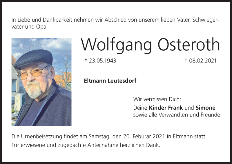  Traueranzeige für Wolfgang Osteroth vom 18.02.2021 aus MGO