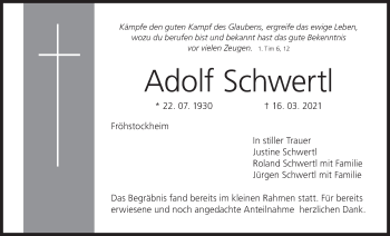 Anzeige von Adolf Schwertl von MGO