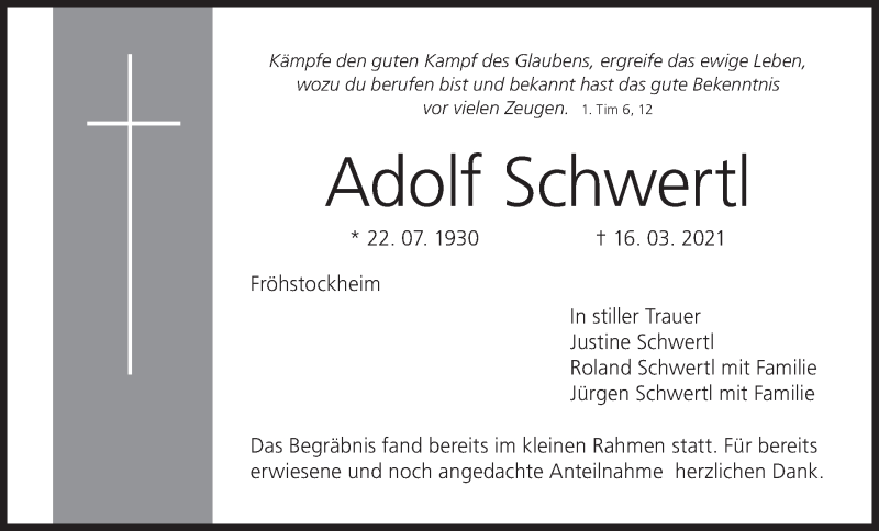  Traueranzeige für Adolf Schwertl vom 24.03.2021 aus MGO