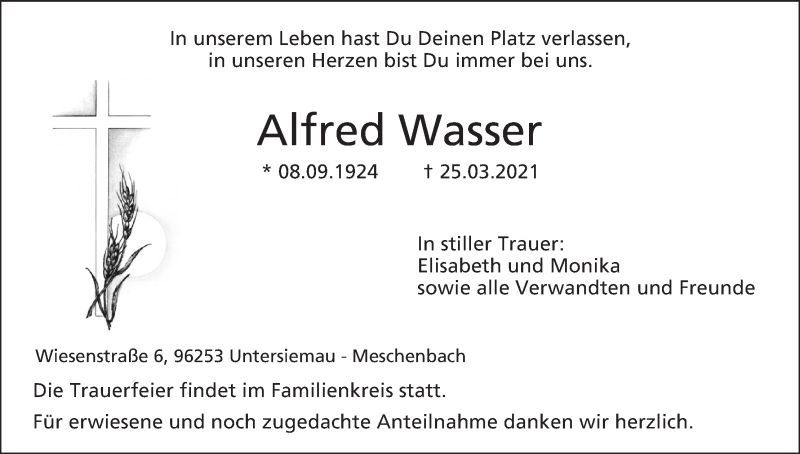  Traueranzeige für Alfred Wasser vom 30.03.2021 aus MGO