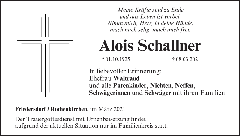  Traueranzeige für Alois Schallner vom 15.03.2021 aus MGO