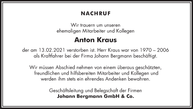  Traueranzeige für Anton Kraus vom 02.03.2021 aus MGO