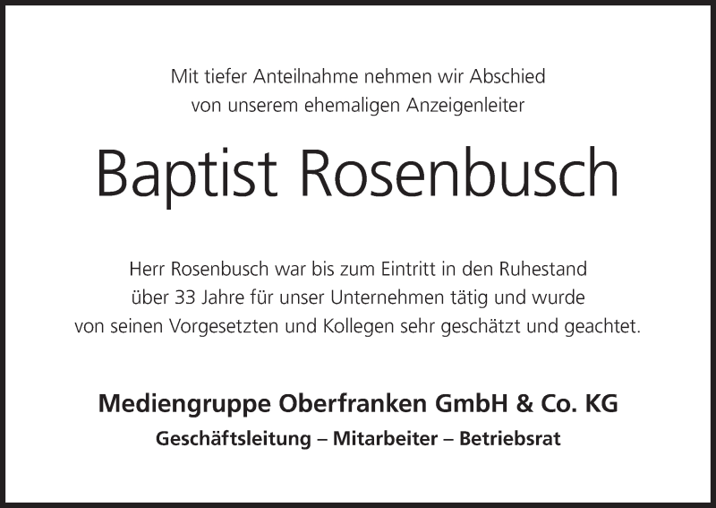  Traueranzeige für Baptist Rosenbusch vom 19.03.2021 aus MGO
