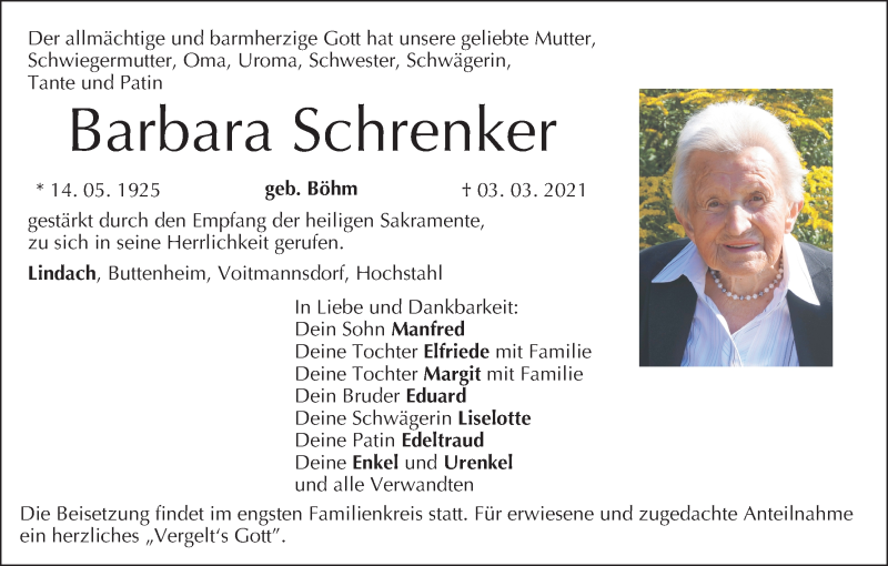  Traueranzeige für Barbara Schrenker vom 06.03.2021 aus MGO
