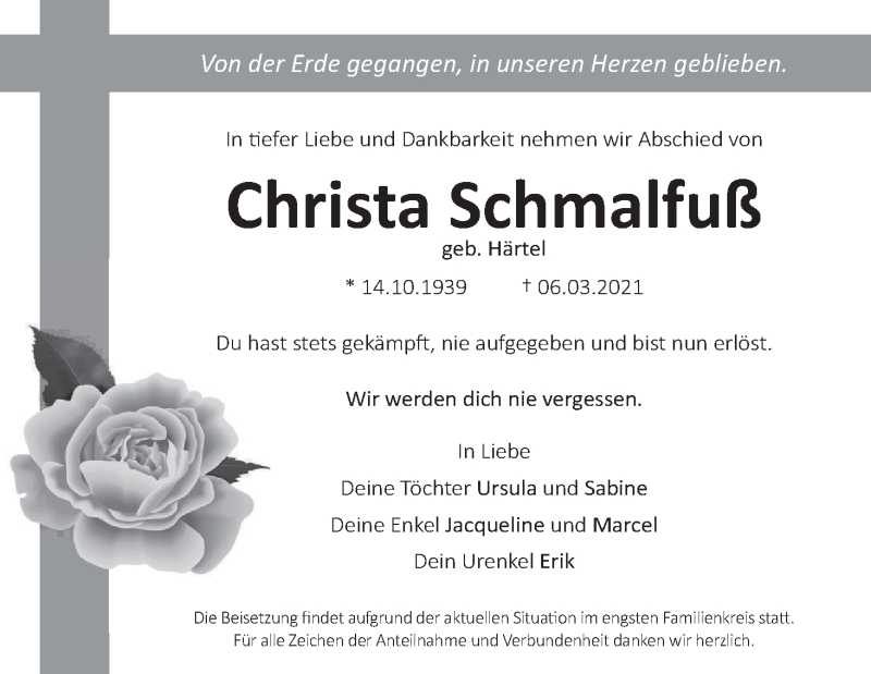  Traueranzeige für Christa Schmalfuß vom 20.03.2021 aus MGO