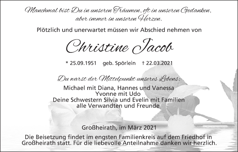  Traueranzeige für Christine Jacob vom 25.03.2021 aus MGO