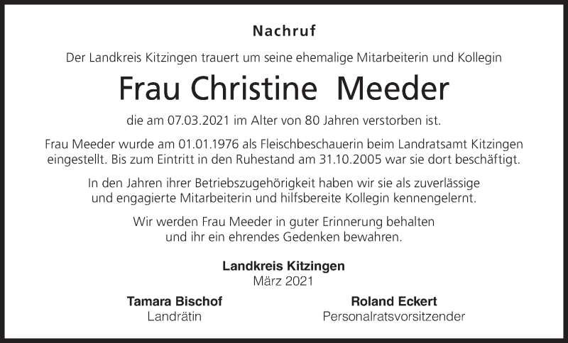  Traueranzeige für Christine Meeder vom 17.03.2021 aus MGO