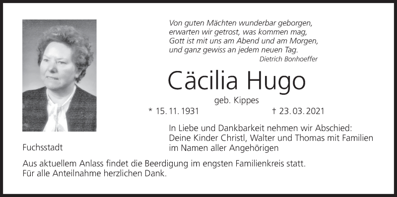  Traueranzeige für Cäcilia Hugo vom 26.03.2021 aus MGO