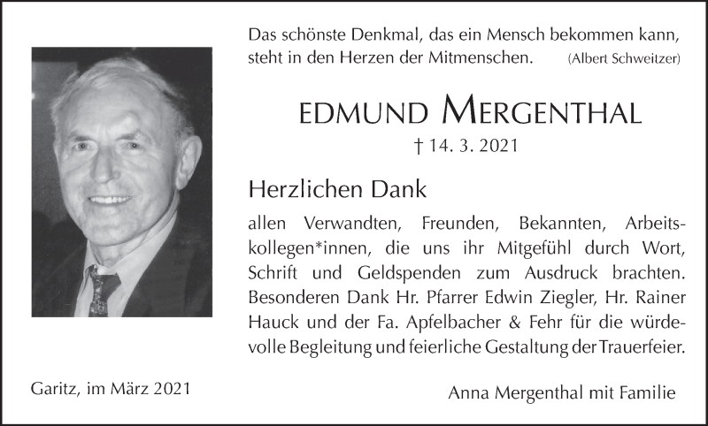  Traueranzeige für Edmund Mergenthal vom 27.03.2021 aus MGO