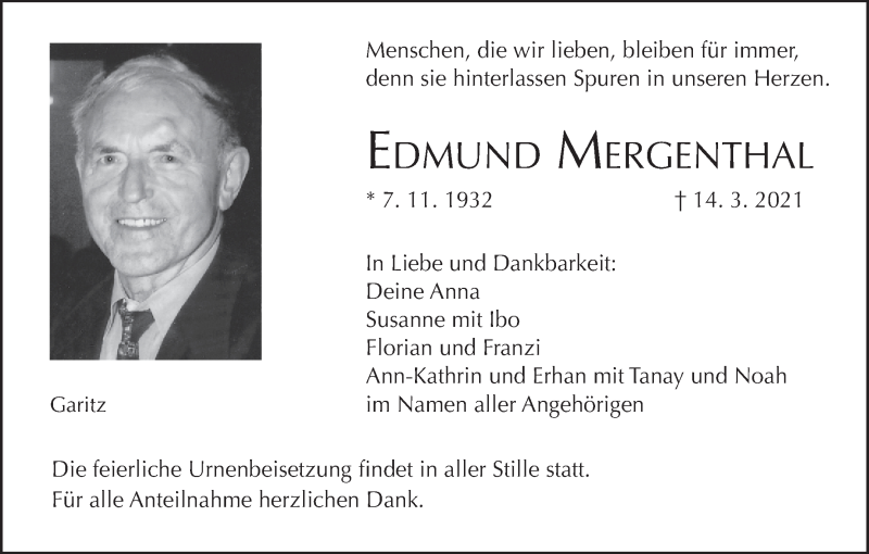  Traueranzeige für Edmund Mergenthal vom 17.03.2021 aus MGO