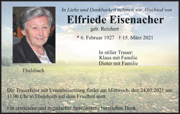 Anzeige von Elfriede Eisenacher von MGO