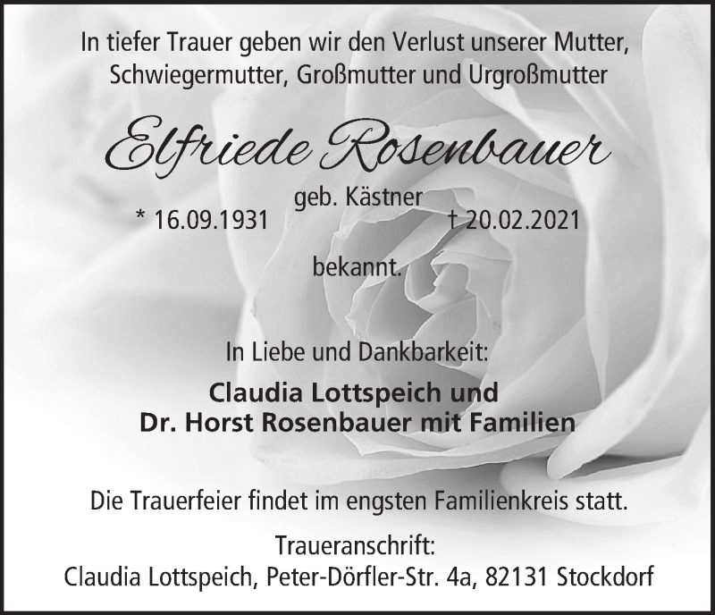  Traueranzeige für Elfriede Rosenbauer vom 20.03.2021 aus MGO