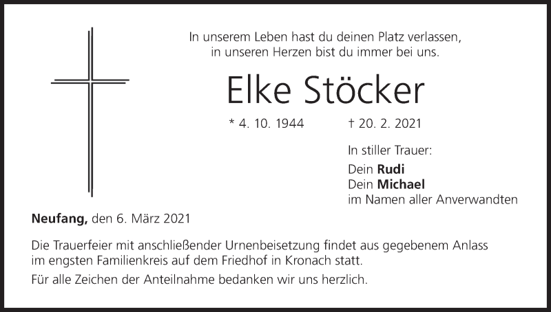  Traueranzeige für Elke Stöcker vom 06.03.2021 aus MGO