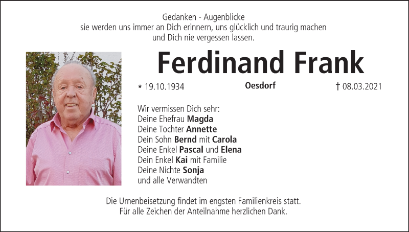  Traueranzeige für Ferdinand Frank vom 13.03.2021 aus MGO