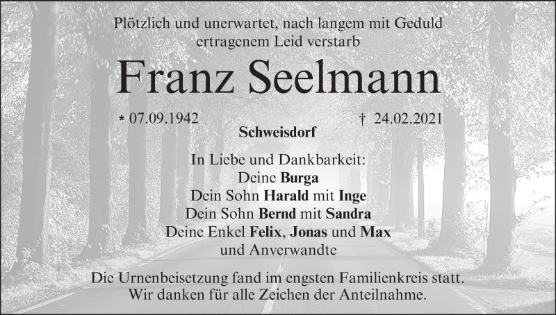  Traueranzeige für Franz Seelmann vom 06.03.2021 aus MGO