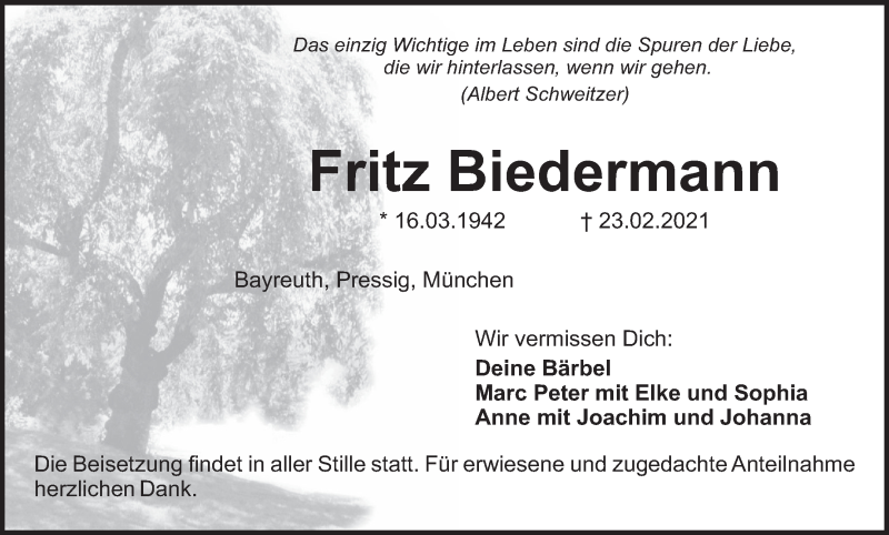  Traueranzeige für Fritz Biedermann vom 06.03.2021 aus MGO