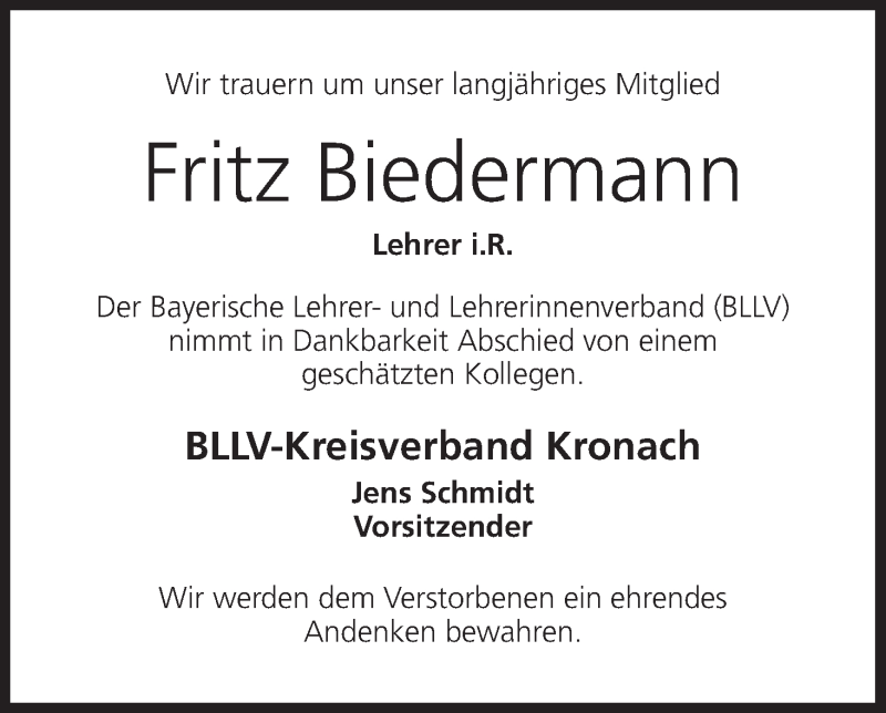 Traueranzeige für Fritz Biedermann vom 06.03.2021 aus MGO