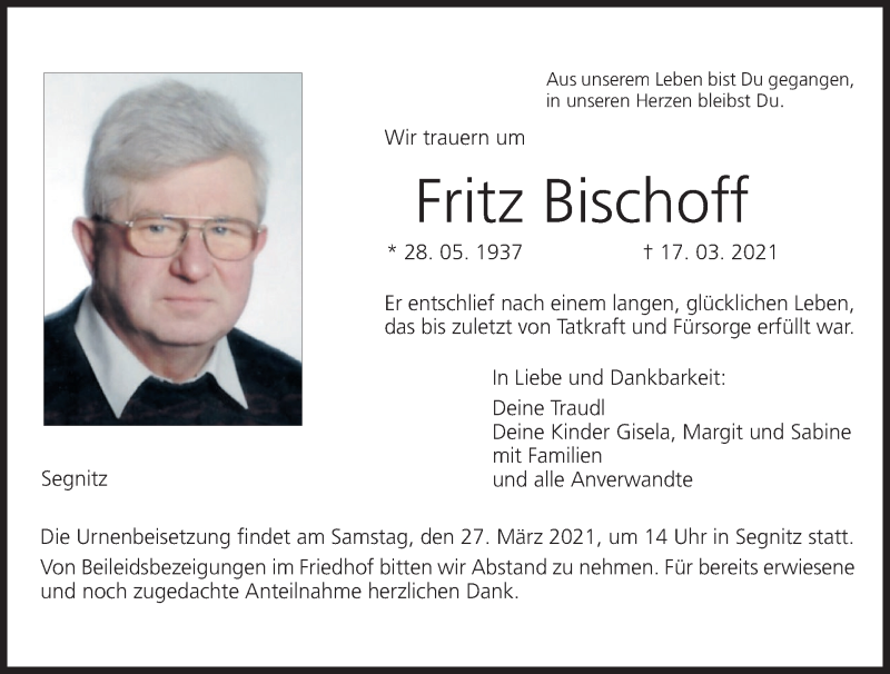  Traueranzeige für Fritz Bischoff vom 24.03.2021 aus MGO