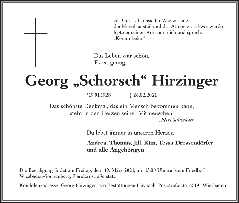  Traueranzeige für Georg Hirzinger vom 06.03.2021 aus MGO