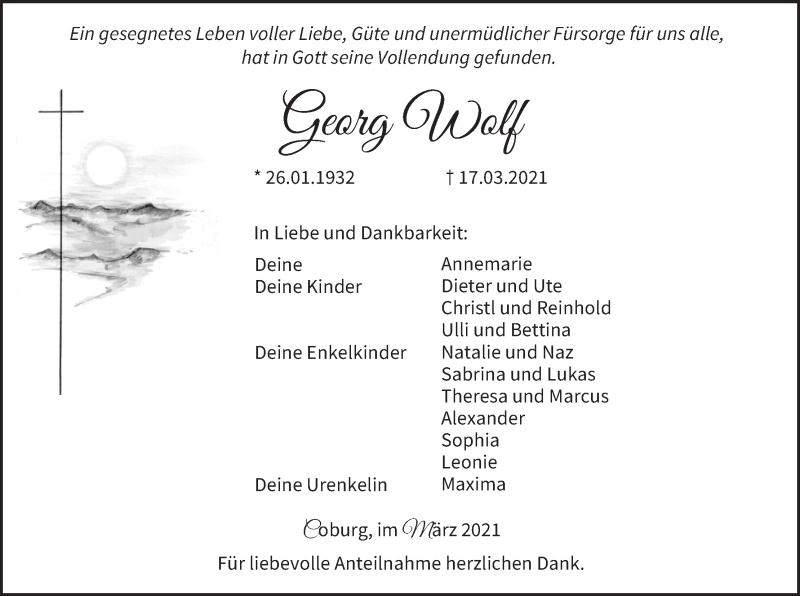  Traueranzeige für Georg Wolf vom 20.03.2021 aus MGO