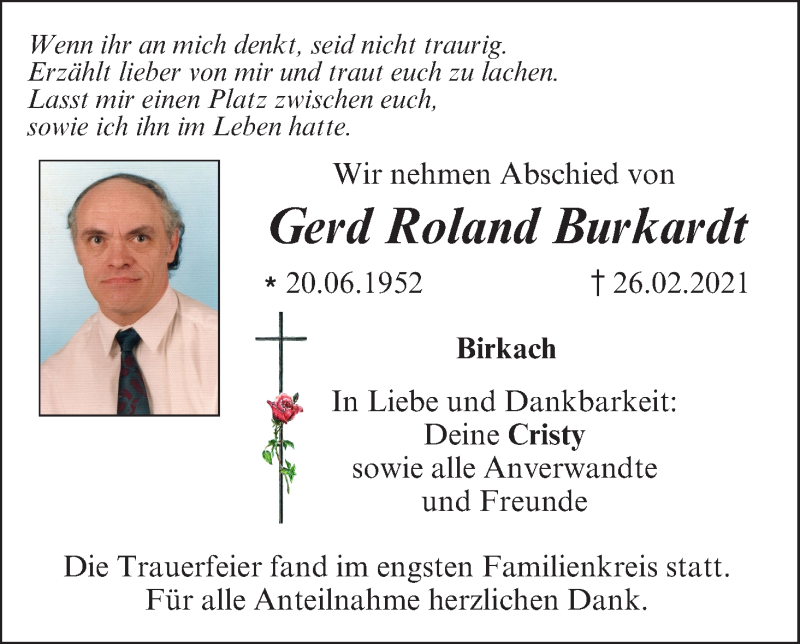  Traueranzeige für Gerd Roland Burkardt vom 06.03.2021 aus MGO