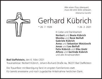 Anzeige von Gerhard Kübrich von MGO