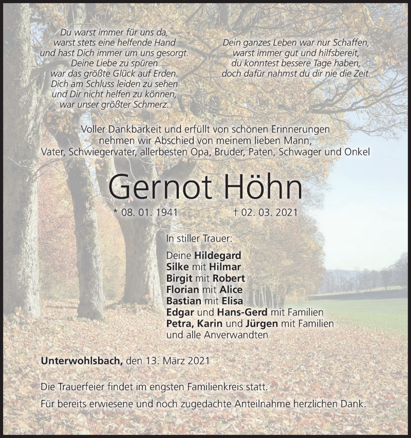  Traueranzeige für Gernot Höhn vom 13.03.2021 aus MGO