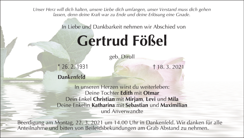  Traueranzeige für Gertrud Fößel vom 20.03.2021 aus MGO