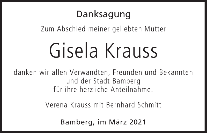  Traueranzeige für Gisela Krauss vom 20.03.2021 aus MGO