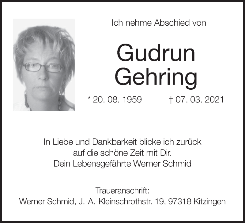  Traueranzeige für Gudrun Gehring vom 20.03.2021 aus MGO