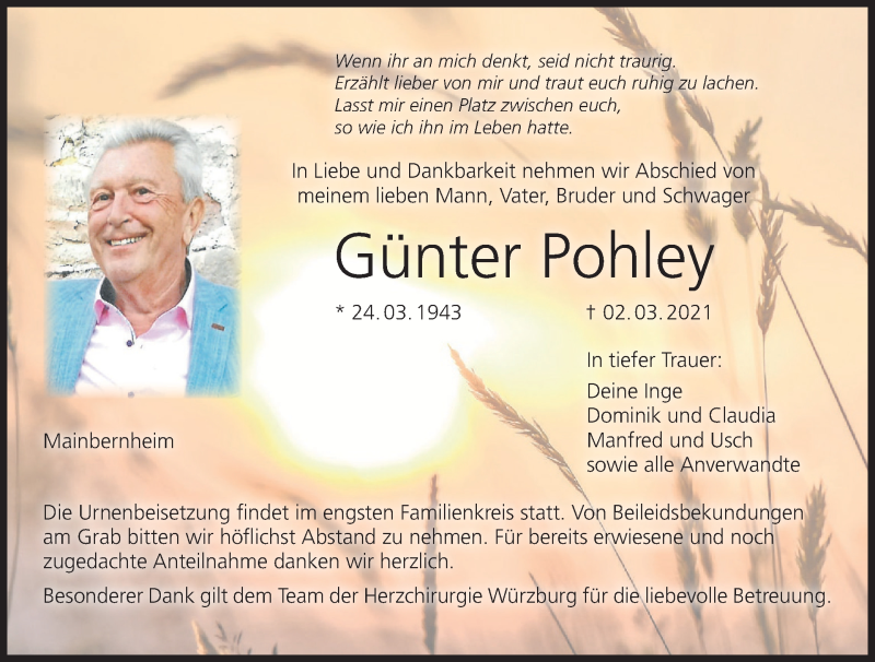  Traueranzeige für Günter Pohley vom 06.03.2021 aus MGO