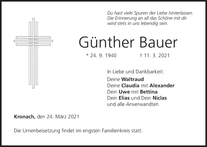 Traueranzeige für Günther Bauer vom 24.03.2021 aus MGO