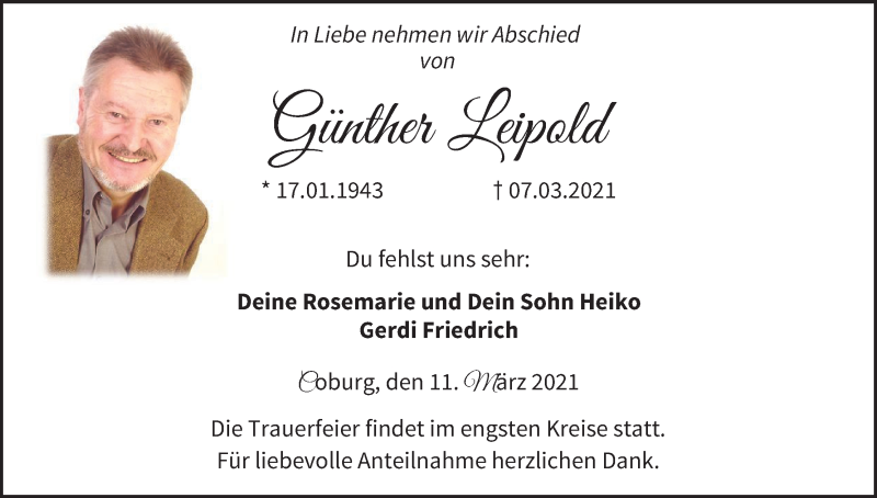  Traueranzeige für Günther Leipold vom 11.03.2021 aus MGO